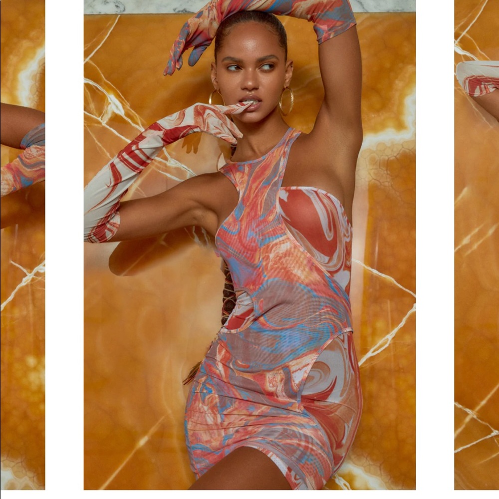 JADED LONDON Mixed Marble Print Racer Neck Cut Out Double Layer Mesh Dress